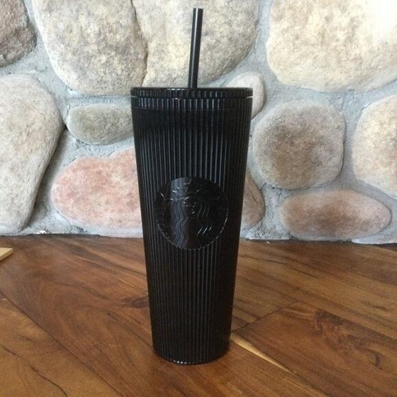 Starbucks 24 fl oz Black Ribbed Tumbler with Straw Cold Cup - Picture 1 of 3